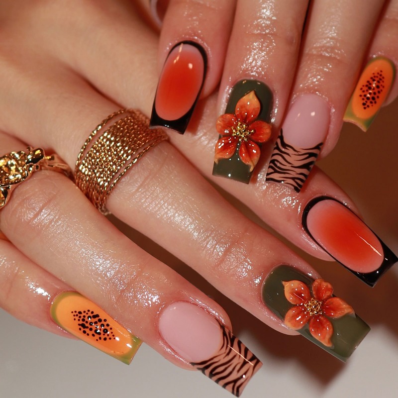 Nail Art Orange - 24개 트로피컬 미디엄 스퀘어 인조 손톱