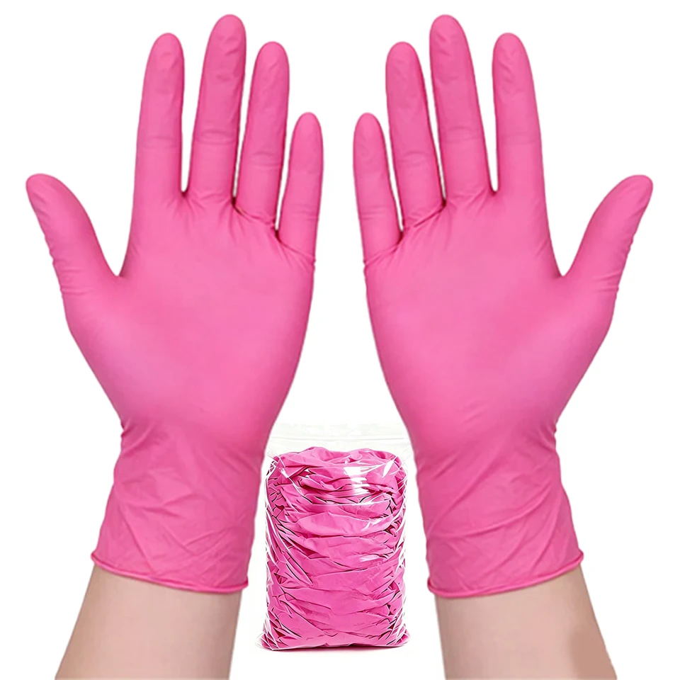 Nail Art Pink - 50개입, 짙은 분홍색 니트릴 장갑, 파우더