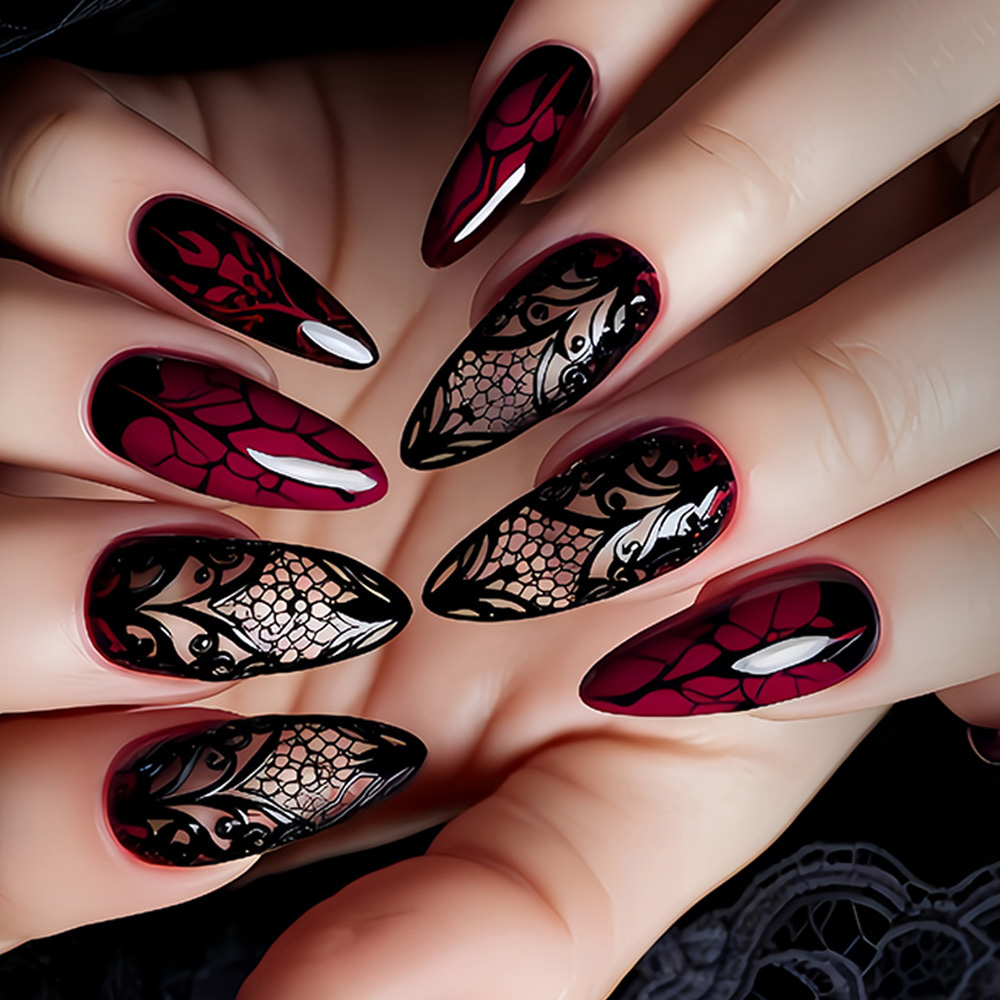 Nail Art Press On - 여성용 중간 사이즈 가짜 손톱, 짙은
