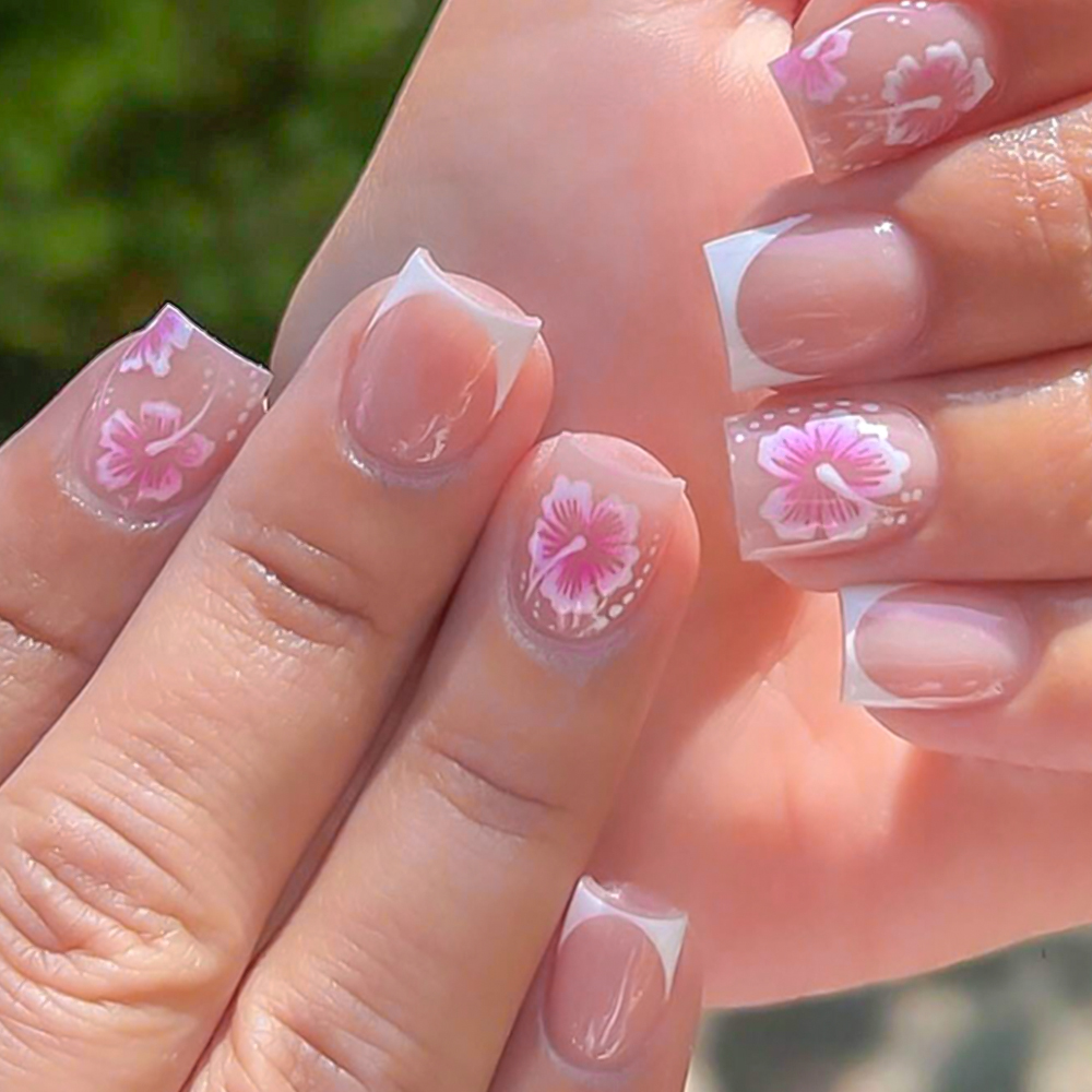 Nail Art Press On - 24Pcs 프랑스어 꽃 거짓 손톱 핑크