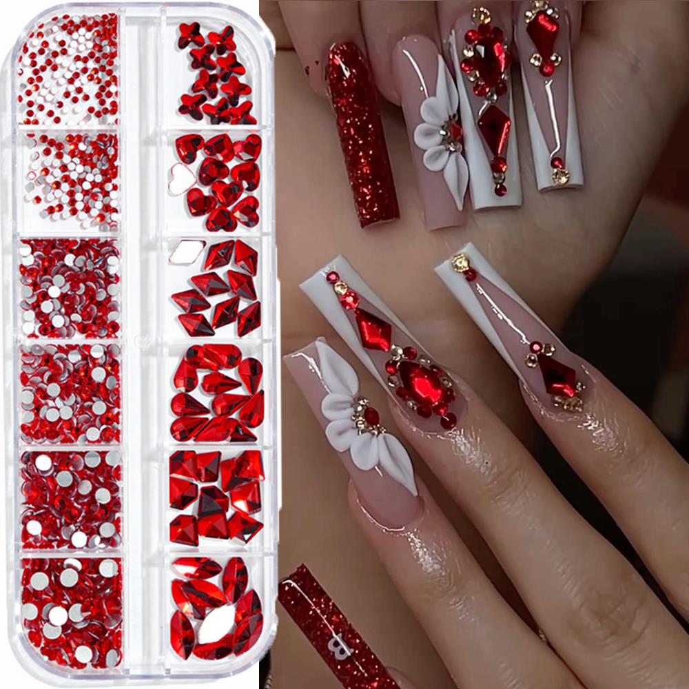12칸 3D 핑크 네일아트 라인스톤 믹스 라운드 하트  - Nail Art Valentines Day 리뷰 및 가격