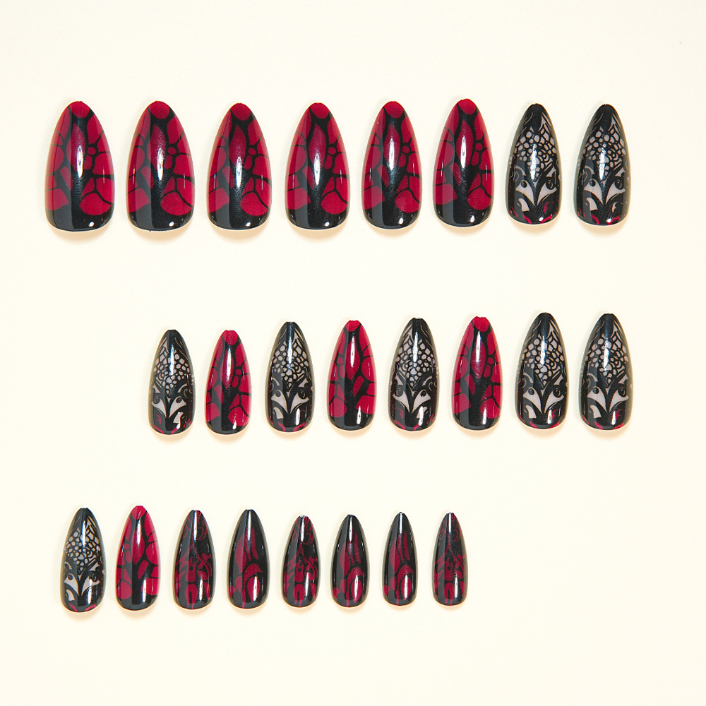 여성용 중간 사이즈 가짜 손톱, 짙은 빨간색과 검은색  - Nail Art Press On 리뷰 및 가격