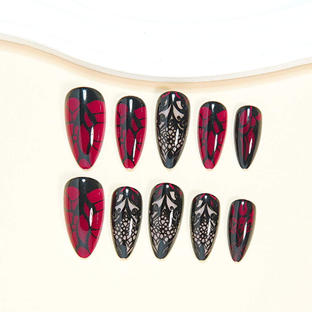 여성용 중간 사이즈 가짜 손톱, 짙은 빨간색과 검은색  - Nail Art Press On 리뷰 및 가격