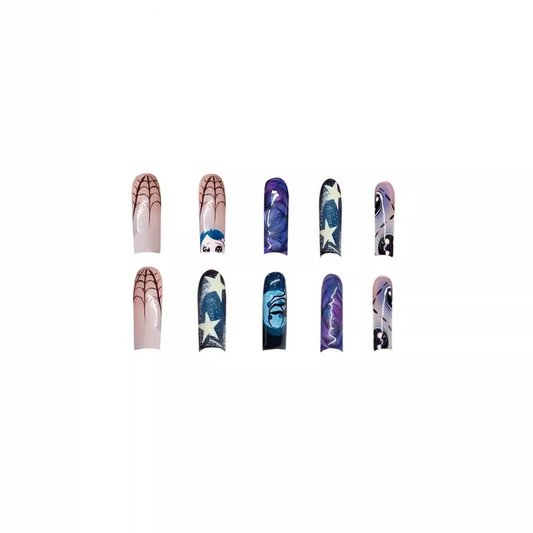 Y2k 스타 그래피티 프레스 네일, 광택 블루 스파이더 - Nail Art Press On 리뷰 및 가격