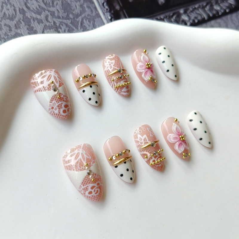 10개입, 3D 금박 장식의 흰색 레이스 꽃무늬, 고급 - Nail Art Press On 리뷰 및 가격